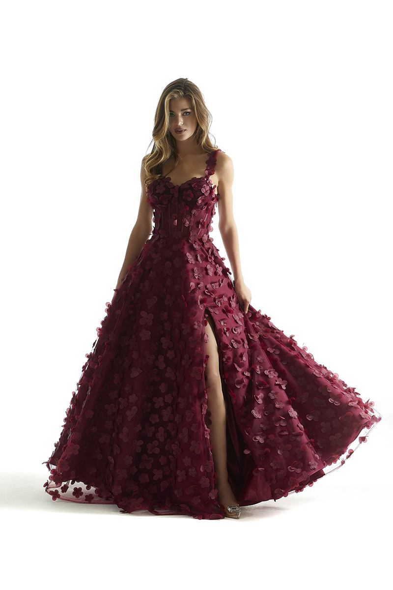 Svatby Felice - Adina, vínově červené šaty s 3D květy