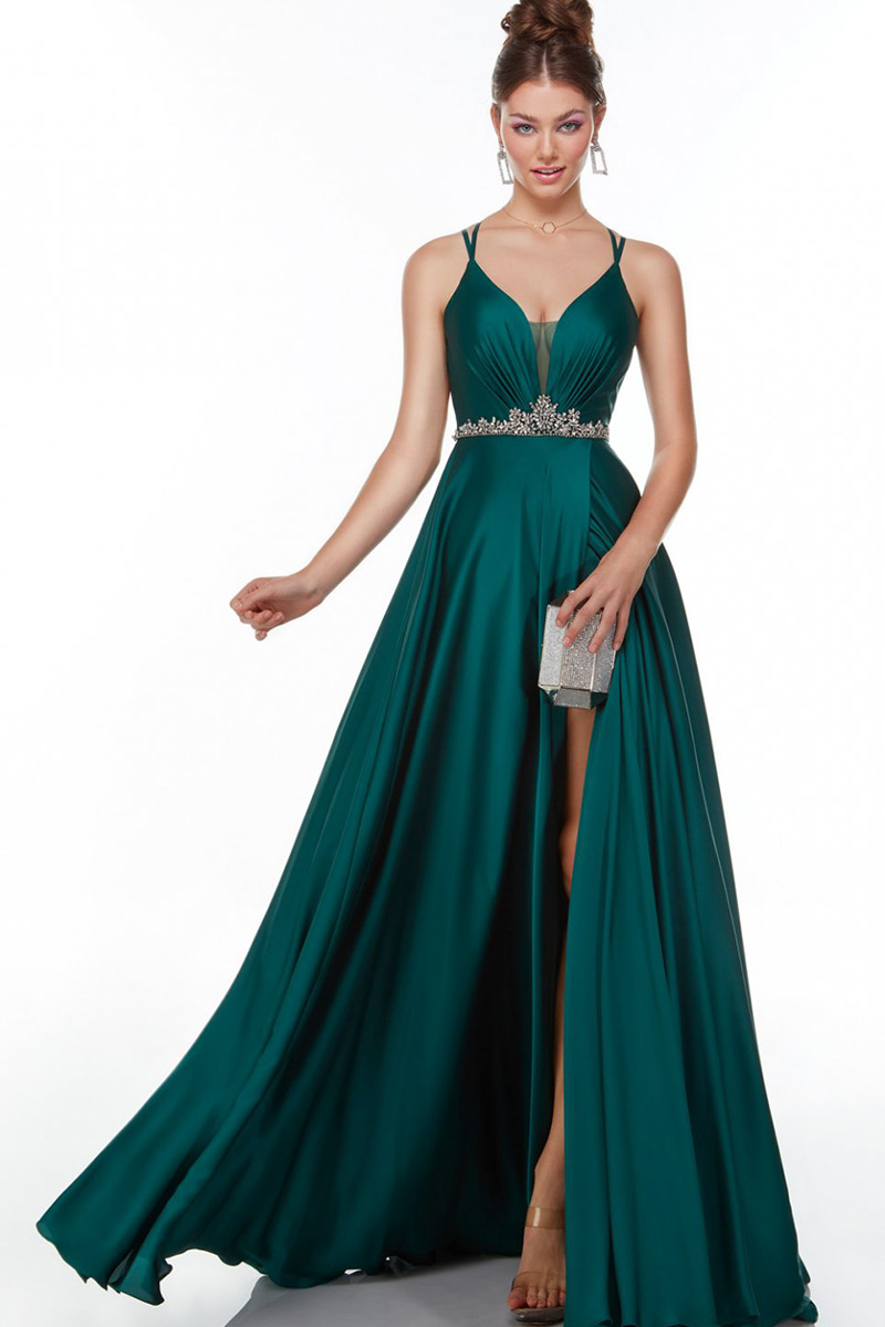 Svatby Felice - Ambra, jednoduché smaragdové saténové šaty