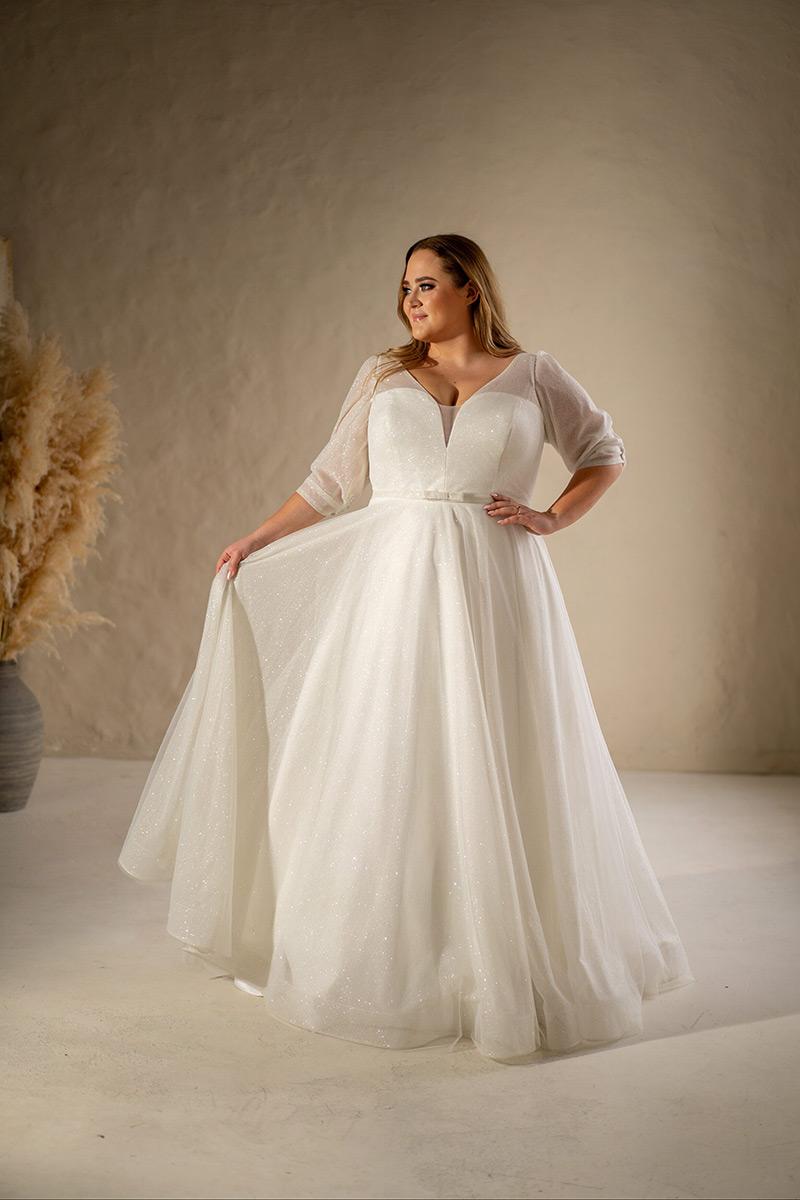 Svatby Felice - Snow, vel. 46, 54, třpytivé šaty s rukávem