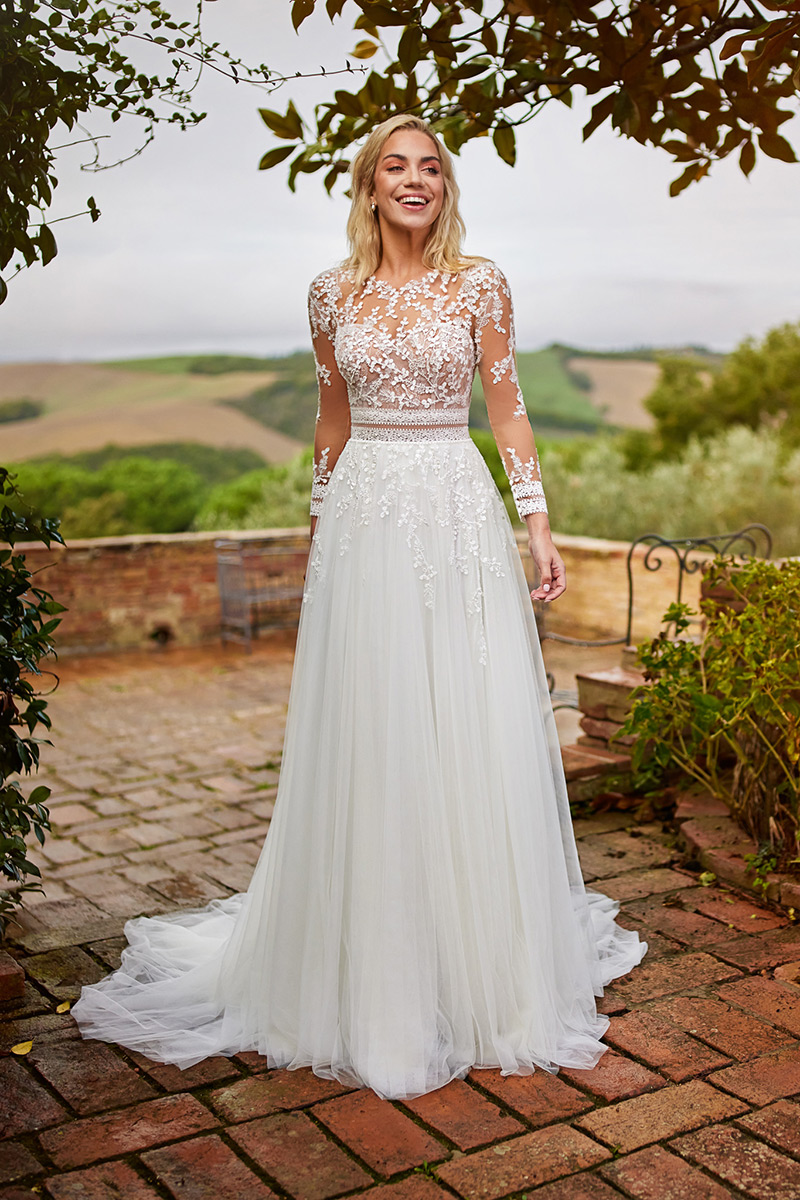 Svatby Felice - Teodora, vel. 36, třpytivé šaty s dlouhým rukávem