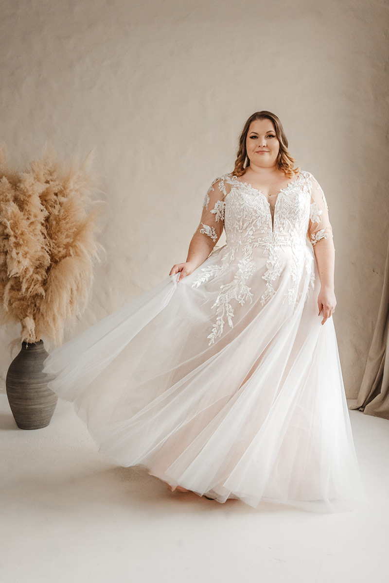 Svatby Felice - Amarilla, vel. 48, tylové šaty s krajkou a rukávem